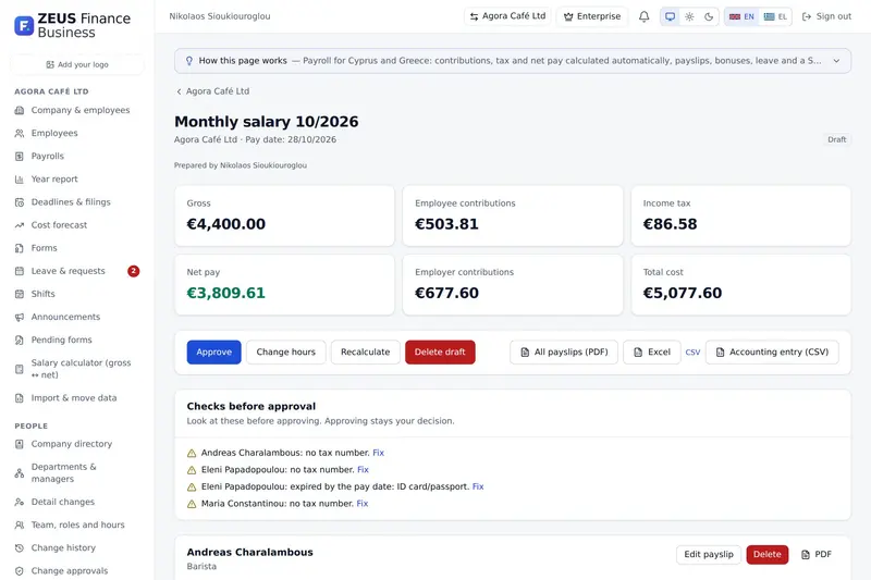 ZEUS Finance: A payroll run with contributions, tax and net pay, checked before approval