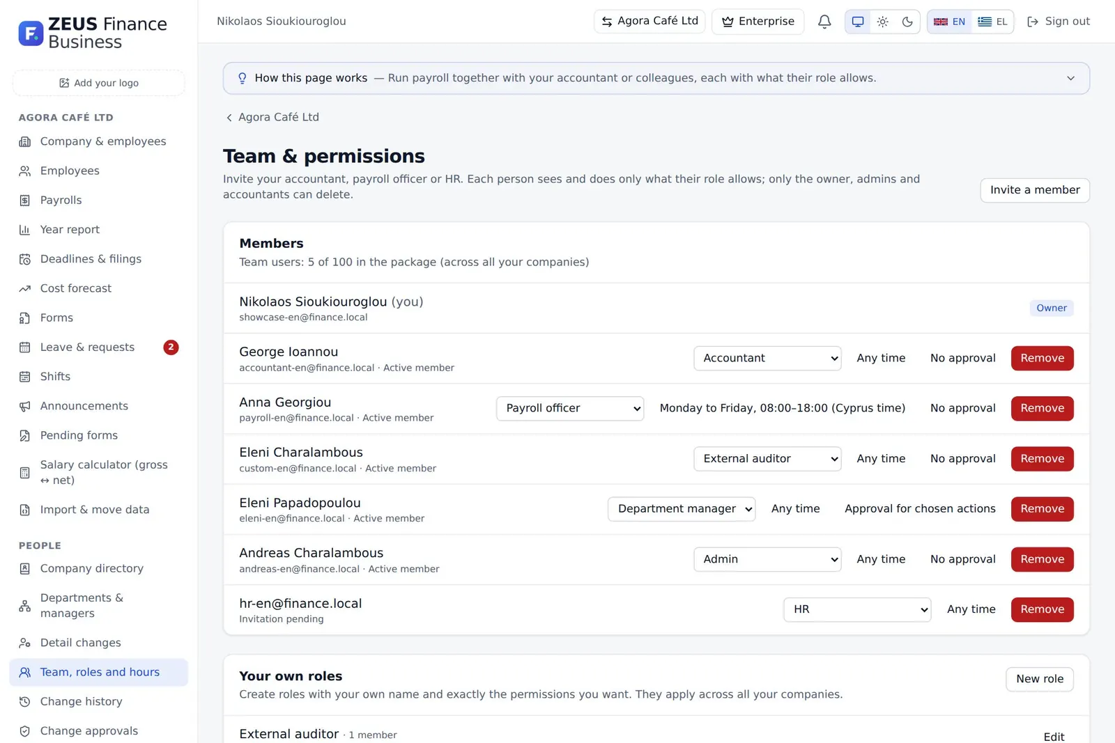 Team members, roles and approvals